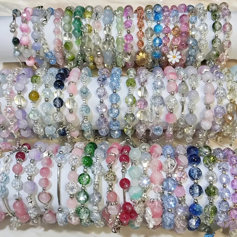 Women's 35pcs Mix & Match Glass Beads Bracelets & Bangles Set - Bracelets for Women with Sparkling Cracked Beads, Floral, Butterfly, Fishtail, 5-Point Star, Bowknot Pendants, Colorful Matching Pieces, Year-Round Casual Accessory