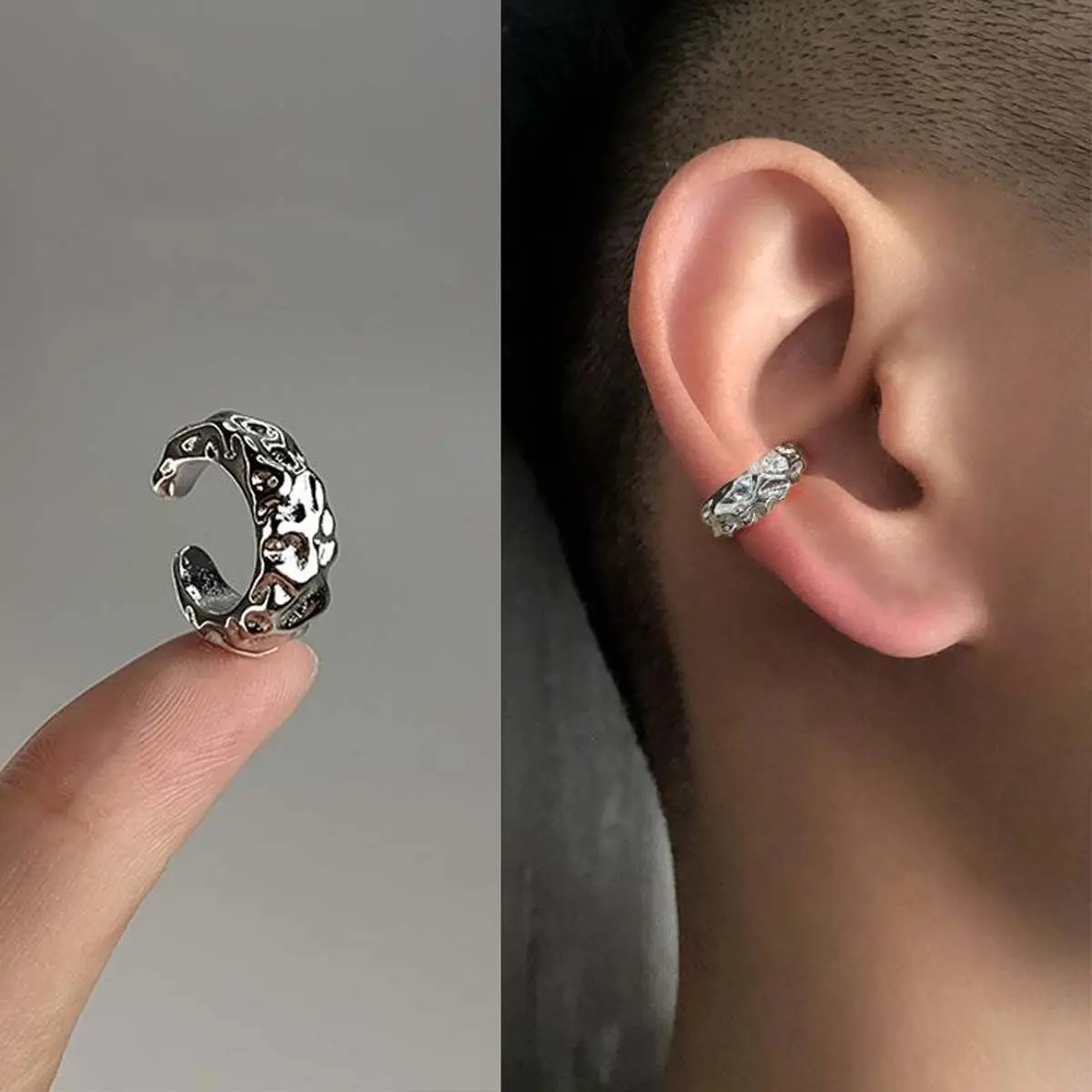 Irregular Texture Clip-Type Silver Helix Ear Bone Clip, No Piercing Needed, Trendy Casual Jewelry, Artificial Gemstone Earrings for Daily Wear Jewelry Accessory, Trendy Jewelry, Casual Trendy Jewelry