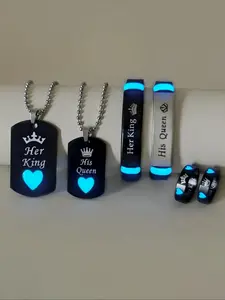 Couple Necklace & Bracelet & Ring Set, Crown & Heart Design Luminous Jewelry Set, Fashion Jewelry for Party, Daily Clothing Decor, for Birthday Gift