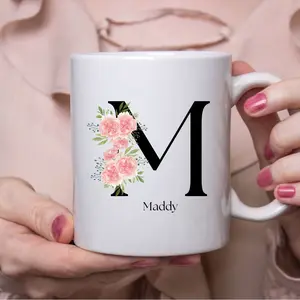 Floral Initial Ceramic Mug – Personalized Coffee Cup, Custom Tea Mug, Gift for Her, Flower Design, Birthday, Mother's Day