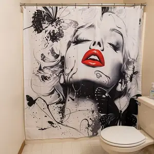 1/4pcs Black and white shower curtain set with red lip pattern, includes non-slip mat, U-shaped rug, toilet seat cover, 12 shower curtain hooks, perfect for bathroom decoration, partitioning, Bathroom Shower Equipment, Bathroom Supplies
