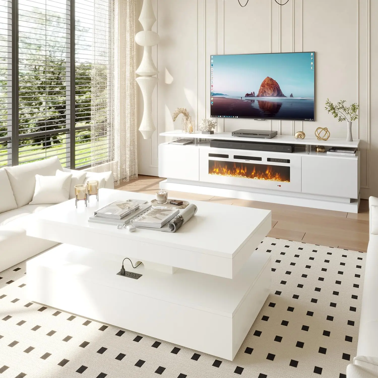 Aoxun Modern Rectangular Indoor Furniture Set - 70" Multifunctional Freestanding Fireplace TV Stand, 47" Coffee Table with Charging Station, USB Ports, 2 Power Sockets for Living Room Contemporary Home Decor, Multifunctional Tv Stand, 70" Fireplace
