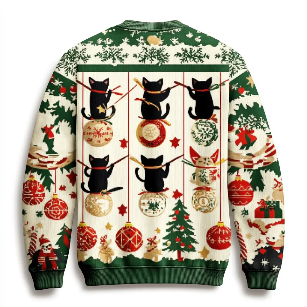 Cat Ninja Ugly Christmas Sweater with Ornaments | Funny Holiday Gift for Men, Women, & Kids | Festive Wear for Family Gatherings & Parties