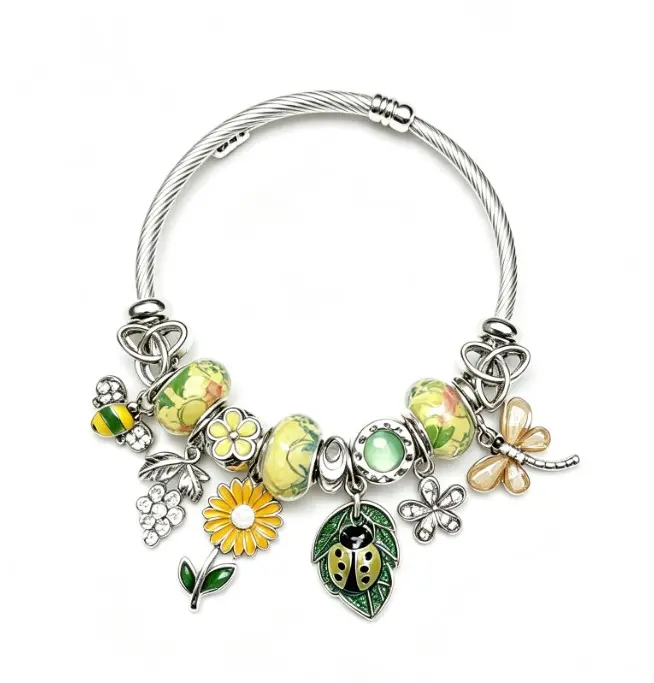 Spring Nature Charm Bangle, Silver Plated Cable Wire Bracelet with Ladybug, Daisy, Bee & Dragonfly Charms, Fashion Jewelry Gift for Women