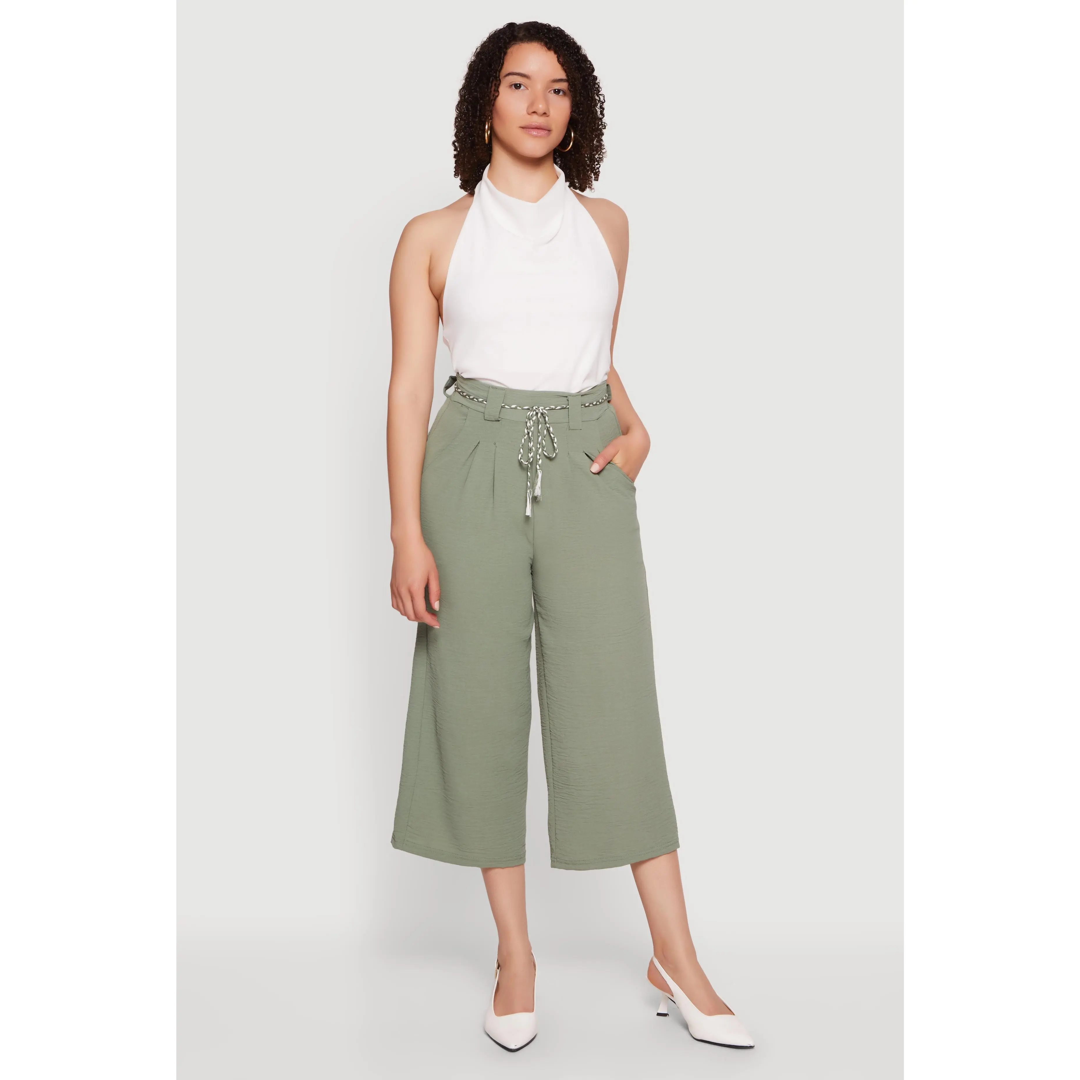 Crepe Knit Pleated High Waisted Capris Pants