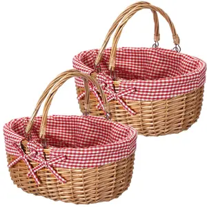 2 Pcs Wicker Picnic Basket with Double Folding Handles Natural Hand Woven Empty Willow Basket Red Gingham Picnic Basket for Eggs Candy Flower Toy Storage Wedding Gifts Decoration