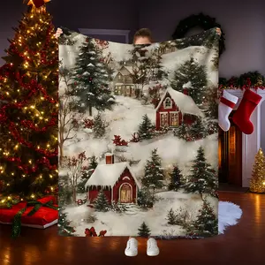 Christmas Snowhouse Flannel Blanket, Modern Style, Quilted, Digital Print, All Seasons, Multifunctional Shawl, Ideal Gift, Lightweight Cozy Blanket