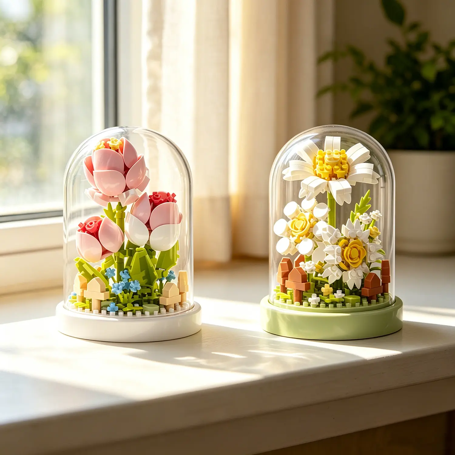 Adult 2-Pack Cute Micro Flower DIY Building Sets - Eternal Tulip Daisy Collectors Block Set with 2.85x2.85in Base, 4.13in Height, Display Dust Cover, Graduation Gifts for 12+ Brick Fans (Creative Building Item), Graduations