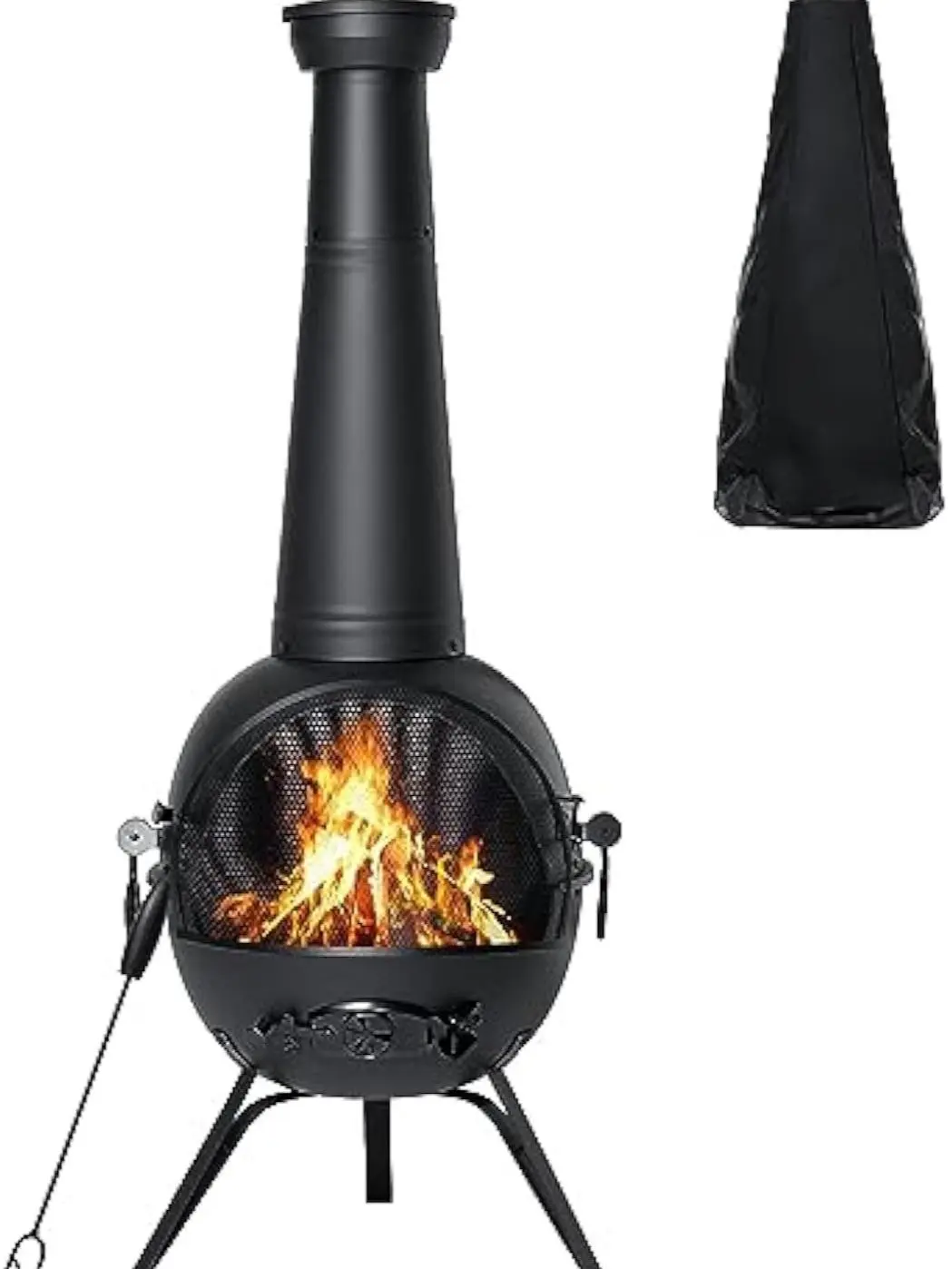 Chiminea Outdoor Fireplace Prairie Fire Patio Backyard Wooden Fire Pit with Chiminea Cover Rust-Free Iron Black
