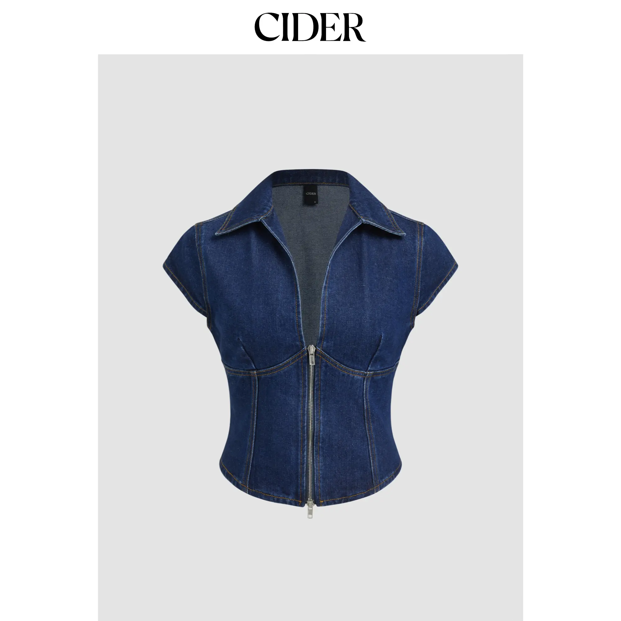 Cider Lady's Minimalist Short-Sleeve Cropped Denim Shirt - Polo Collar, Fitted Cut, Zip-Up Front, Easy-Wear Basic Top (XXS, Tops)