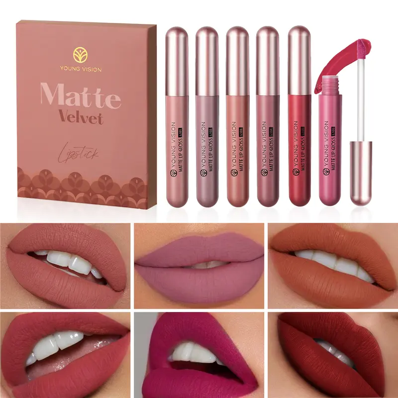 Young Vision 6-Shade Alcohol-Free Liquid Lip Gloss Kit Set, Classic Earth Tone Lip Makeup, Waterproof, Kiss-Proof, Smooth, Non-Drying, Long-Lasting Lipgloss Gift Box