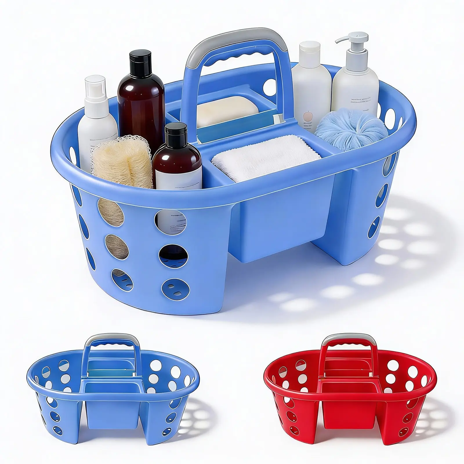 SIMPLYKLEEN 2-Pack Portable Large Shower Caddies, USA-Made Jumbo Plastic Storage Totes with Handles, Multi-Purpose Home Organizer Baskets for Bathroom & College Dorm, Blue + Red