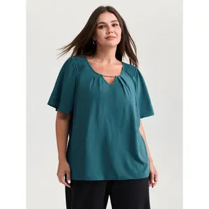 BloomChic Women's Plus Size Lady Shortsleeve Blouse - Chain Detail, Shirred Shoulders, Smooth Fabric, Casual Fit, M-6X 2026 Aegean Summer Mother's Day Pick,summervibes Polyester Top Swimweek