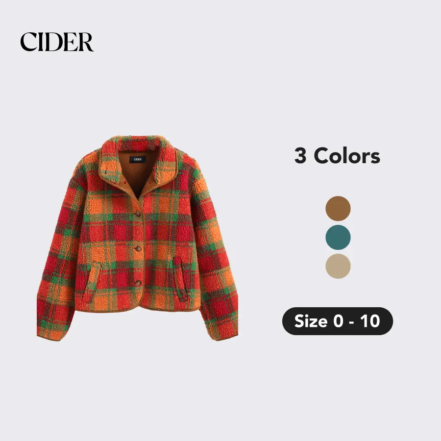 Cider [3 colors, size 0-10] Collar Checks Button Pocket Fleece Jacket SohoChic
