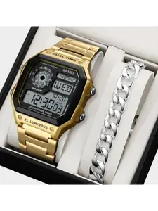 Men's Trendy Electronic Watch Dual Time Zone Sports Watch 50m Waterproof Stainless Steel Strap El Night Light Multiple Colors Available Stainless Steel Watches