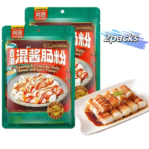 AKUAN Steamed Rice Noodle Rolls 8.99 oz/ Pack Sweet & Spicy Flavor Hong Kong Style Mix Sauce Cheung Fun Instant Rice Rolls Quick & Easy to Prepare