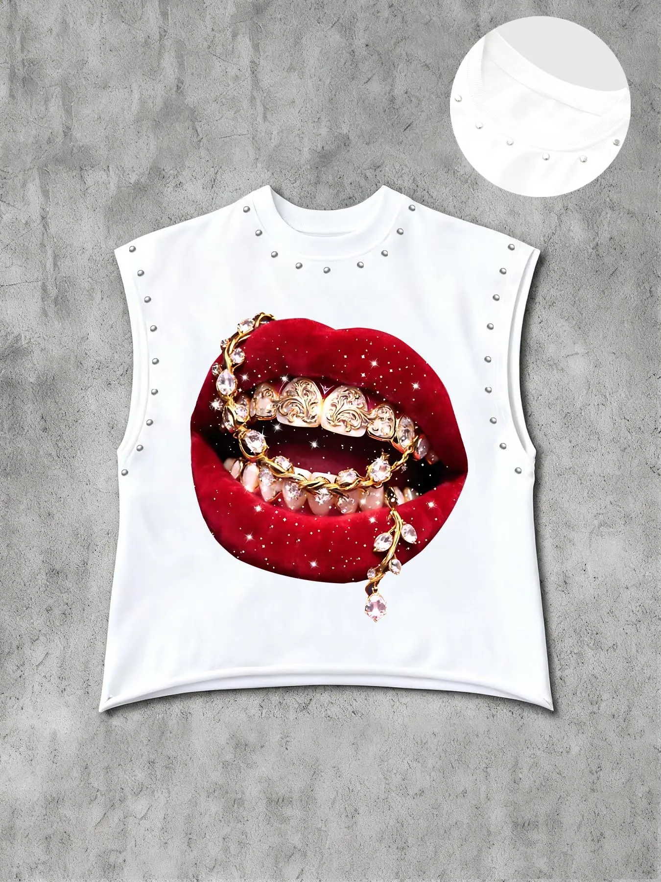 Men's Casual Fitted Sleeveless Vest, Background Velvet Graphic Lip Print, Gold Carving Teeth, Diamond Chain, Comfortable Fabric, Streetwear Style