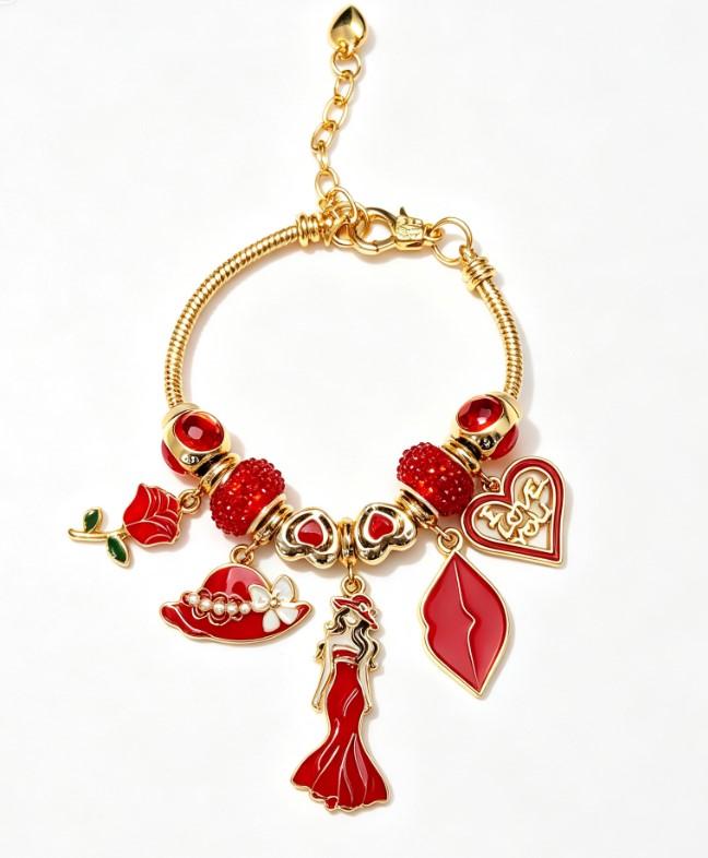 Red Rose Lady Charm Bracelet for Women, Gold Snake Chain Beaded Bangle with Lip Hat Heart Pendant, Adjustable 9.45 Inch Ladies Dainty Valentine Jewelry