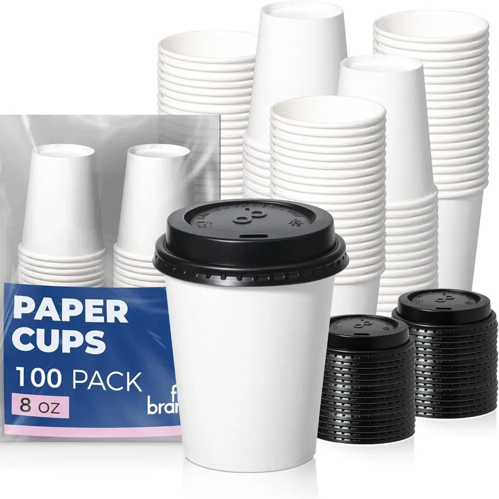 100 Pack 8 oz Leak-Proof Disposable Plastic Christmas Cups with Black Lids - Travel, Office Hot/Cold Beverage Cups (Kitchenware Drinkware), Plastic Disposable Cups, Disposable Coffee Cups