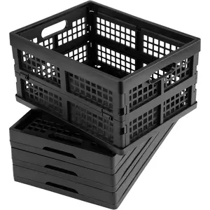 16L Plastic Collapsible Storage Crates, Folding Storage Crates, Pack of 4, Black