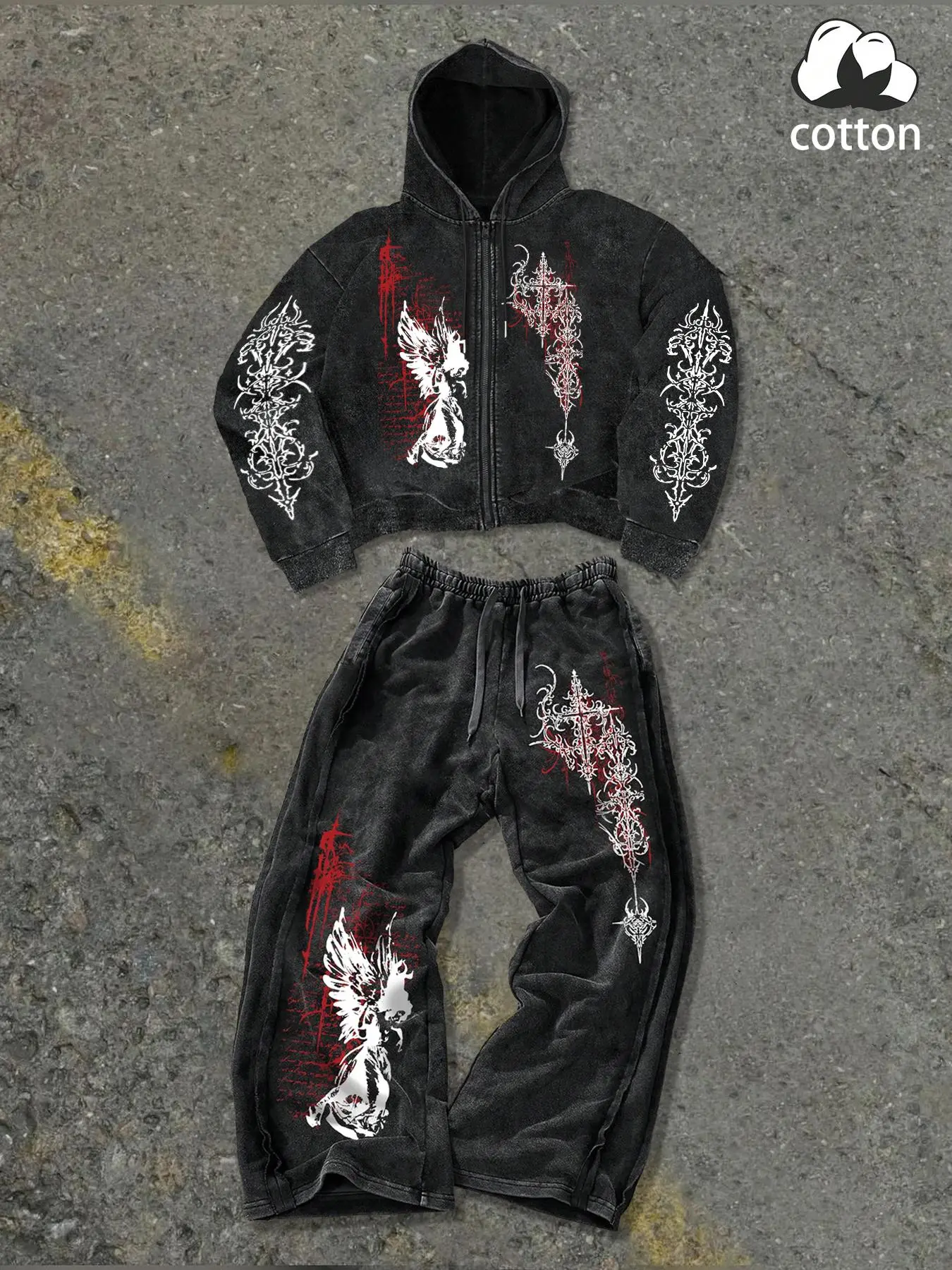 Unisex style, streetwear-inspired, casual two-piece sportswear set, Loungewear tracksuit, features an angelic cross pattern print, dark gothic vibe, Y2K fashion, made with fluffy cotton fabric suitable for everyday use at home