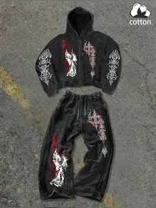 Unisex style, streetwear-inspired, casual two-piece sportswear set. Features an angelic cross pattern print, dark gothic streetwear vibe, Y2K fashion. Made with high-quality, fluffy cotton fabric that’s comfortable and suitable for everyday use at home, o