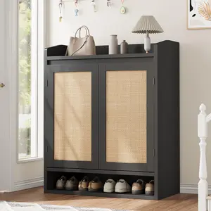 Garvee Modern Boho Rattan Shoe Cabinet for Entryway – Adjustable Shelves, Closed Wooden Storage Organizer, Durable Hallway Furniture – Black