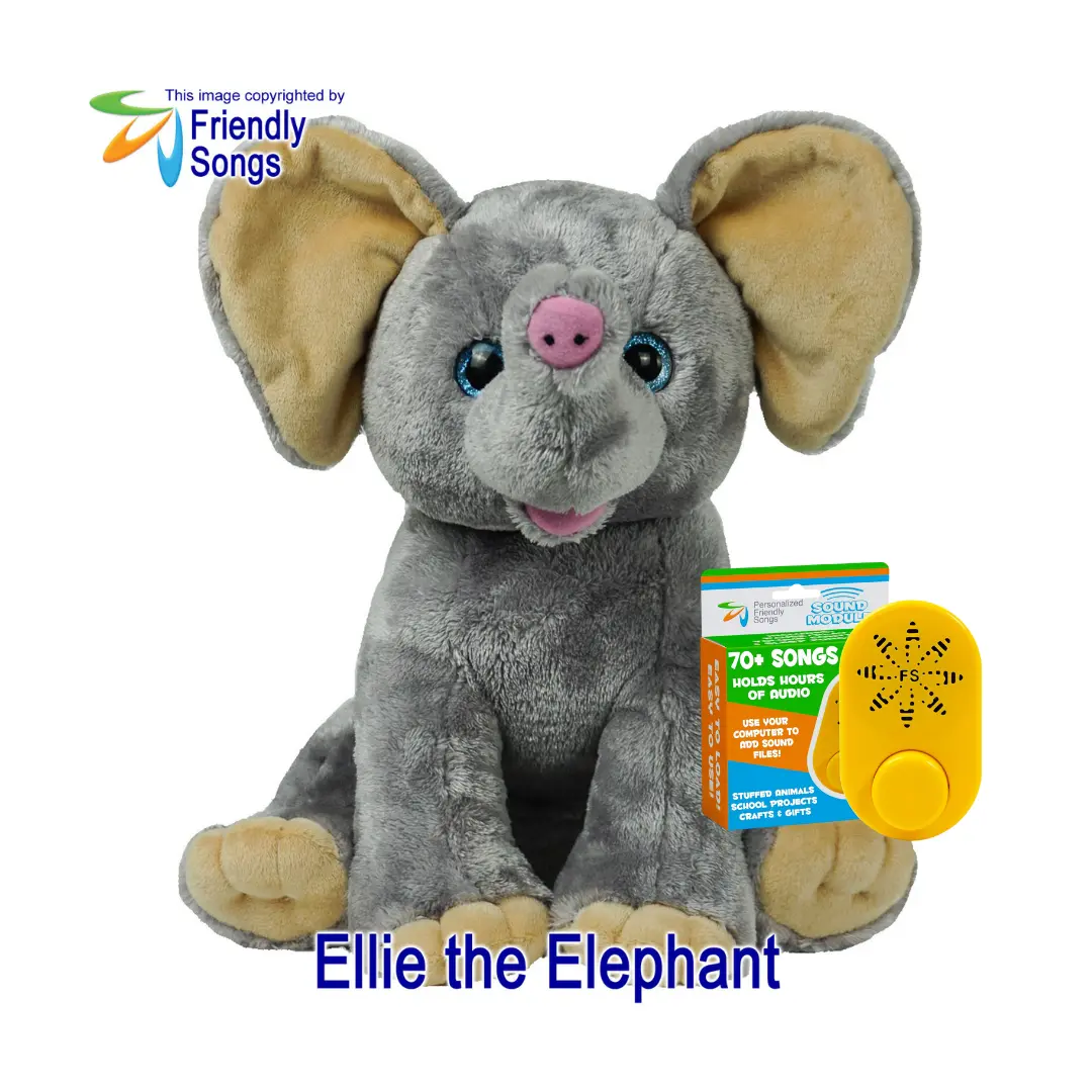 Personalized Friendly Songs 2-hour audio sound module combined with a loveable plush 16-inch tall stuffed elephant called Ellie the Elephant