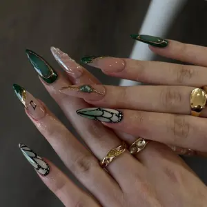 Butterfly Wings Press On Nails by AuritaNails | Mystical Forest Nail Art | Green Marble & Gold Fake Nails | Luxury Nails |Custom Name|DC250Y