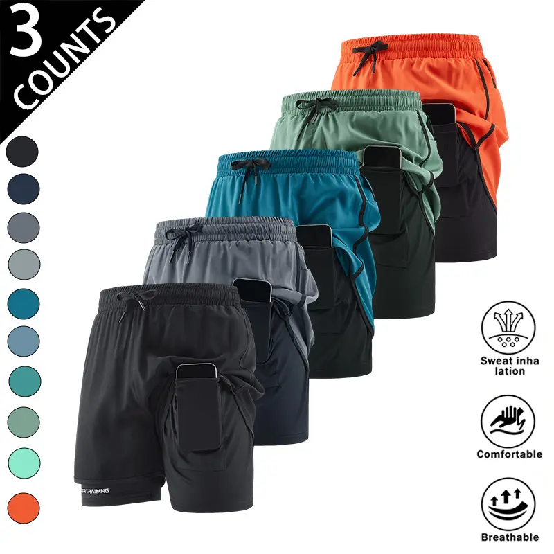 3-pack men’s double-layer athletic shorts with side phone pocket. Breathable, quick-drying fabric that’s comfortable on the skin; suitable for running and fitness, everyday casual wear—fresh, neat, and practical., Athleisure Shorts, Lightweight Breathable