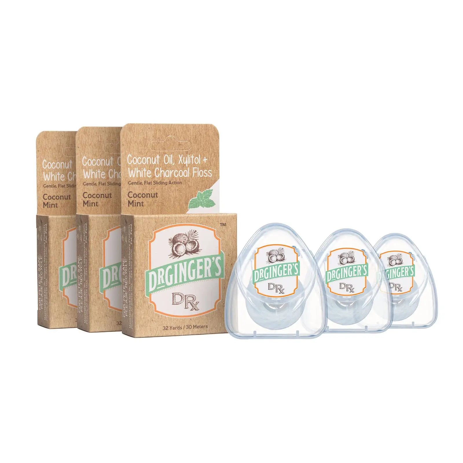 DR GINGER'S DRX Charcoal Dental Floss 3 Pack with Organic Coconut Oil, White Charcoal & Xylitol, 32yd Box Smooth Comfort Oral Daily
