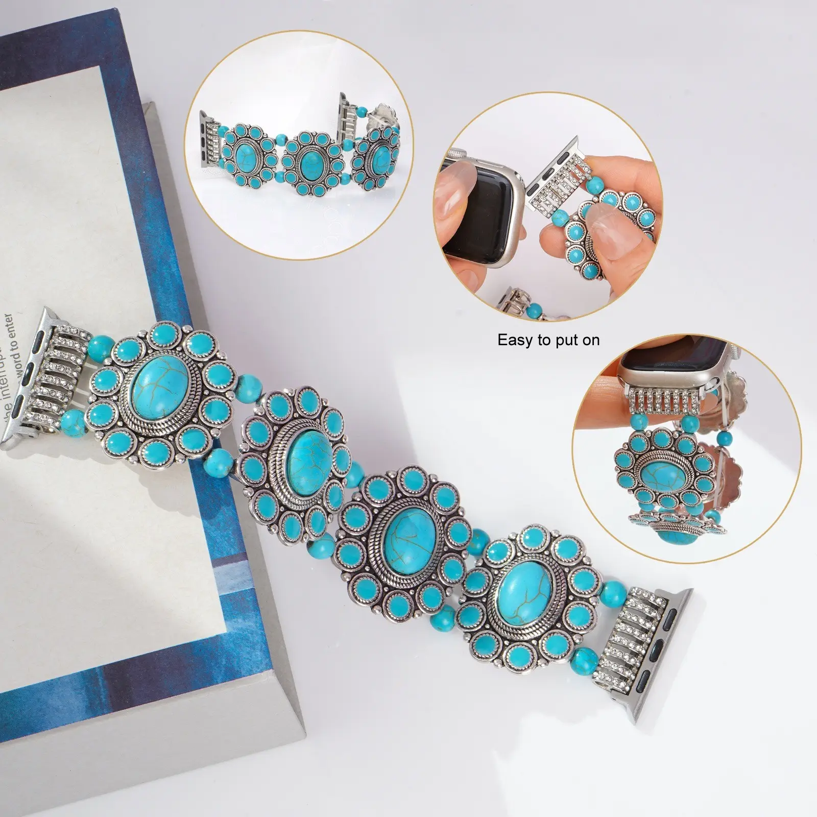 Bohemian Turquoise Beaded Band for Apple Watch，38mm,40mm,41mm,42mm,44mm,45mm,46mm,49mm Boho Vibe Turquoise Stretch Strap for iWatch Ultra1/2/3，S10 S11 SE987654321 Smartwatch Strap Smart Watch Accessories Smart Watch Straps