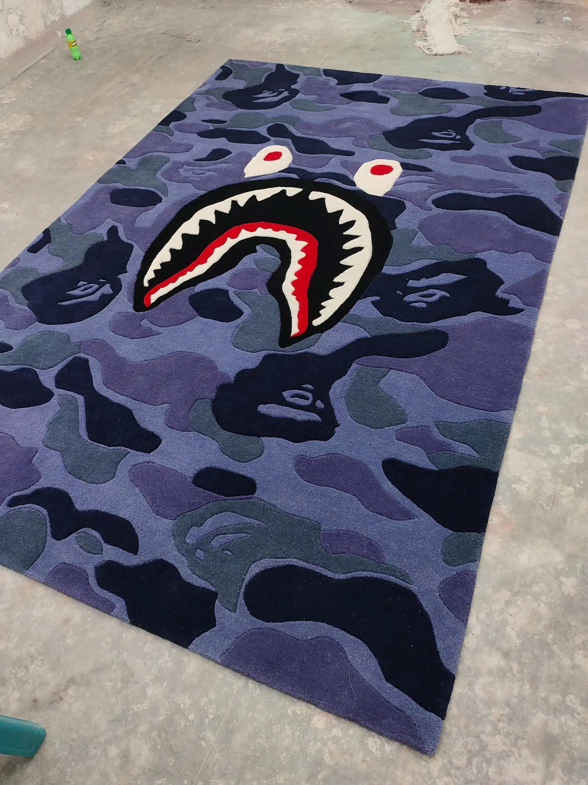 Hand Tufted Blue Camo Shark Area Rug - Streetwear Style Bedroom Decor Mat