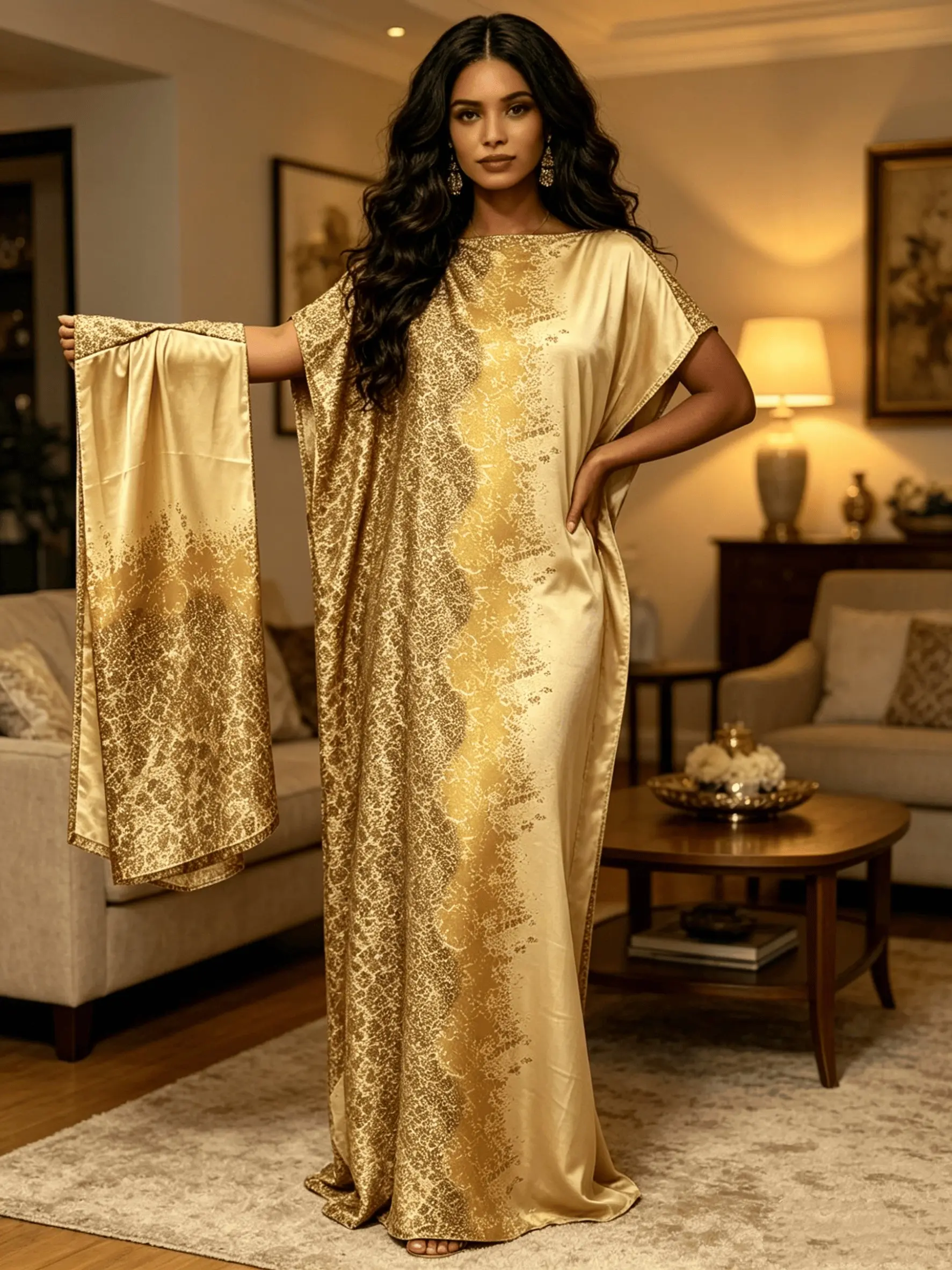 1dress+1scarf champagne gold gradient hot stamping robe set plus plus plus plus plus plus plus plus plus 1 scarf for vintage light luxury vacation style long dress, Kaftan robe, Muslim elegant and luxurious vacation/daily slimming two-piece set Everyday
