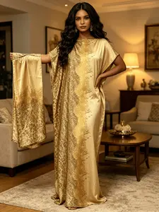 2026 New Women's 2 Piece Luxury Gold Brocade Print Kaftan Maxi Dress with Matching Scarf, Silky Loose Pleated Robe, Plus Size Friendly, Beach Cover Up, Resort Vacation & Evening Party Wear