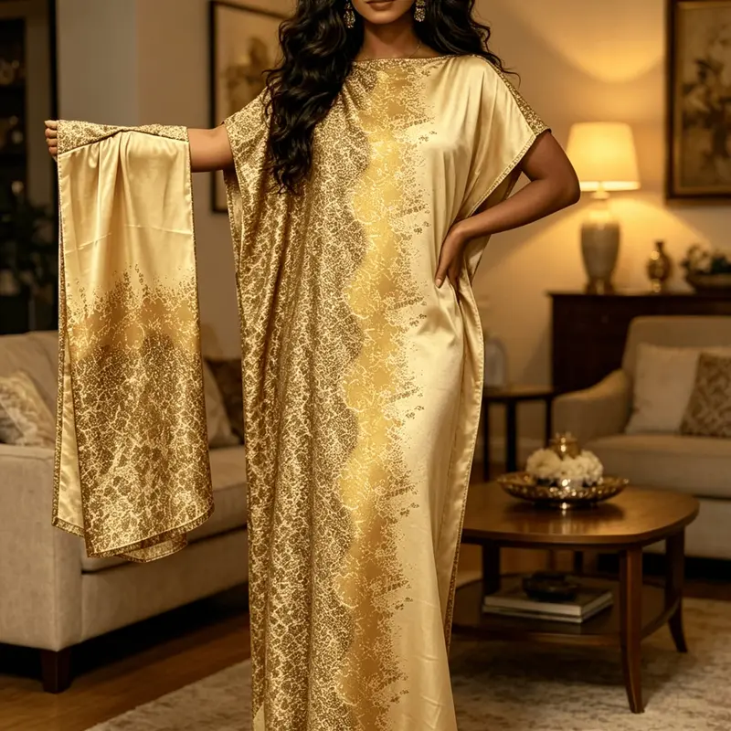 Champagne Gold Gradient Long Robe Set, Women's Boat Neck Dress + Scarf, Vintage Luxury Resort Style, Muslim Elegant Two-Piece Set