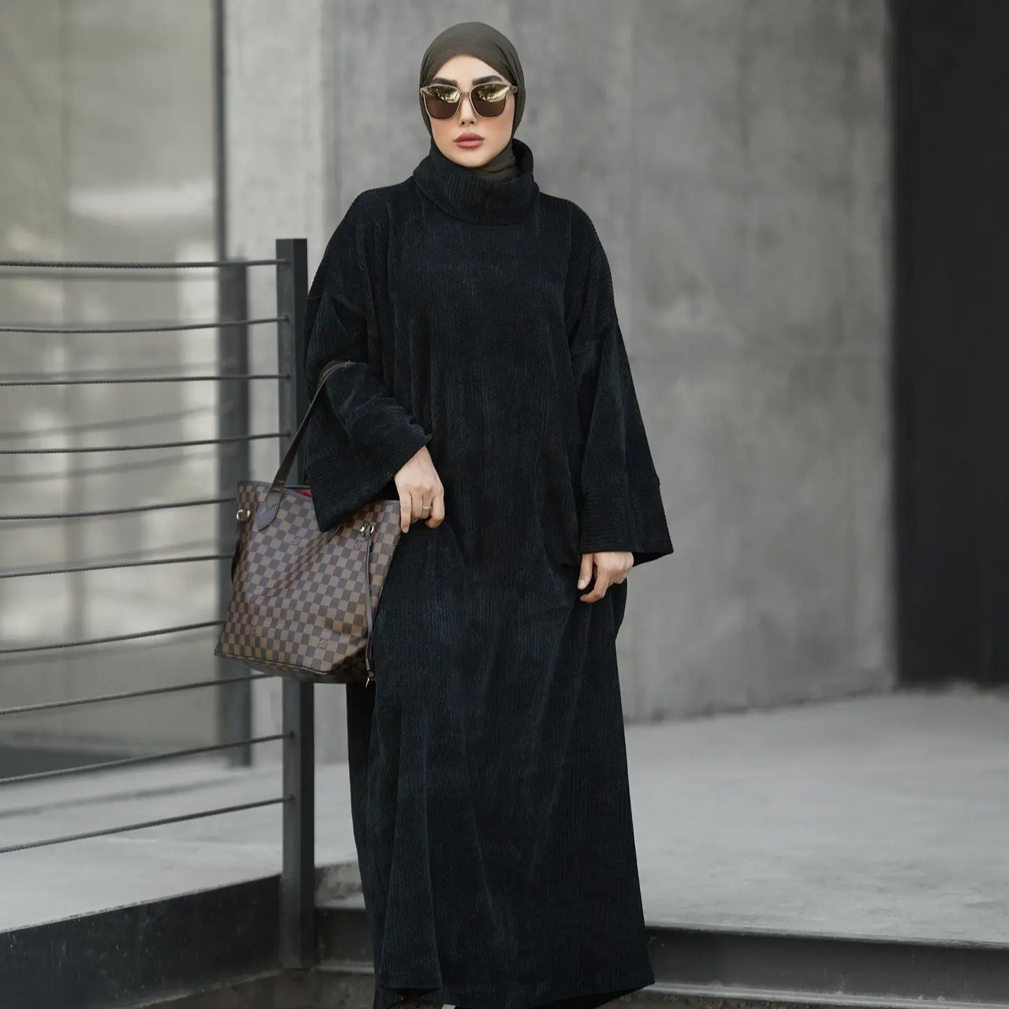 Casual Solid Color Abaya for Women, Soft Corduroy Long Sleeve Turtleneck, Loose Fit Modesty Muslim Clothes with Pockets, Modesty Muslim Clothing, Basic, 1-Piece
