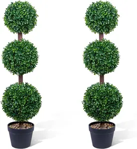 2 Pack Triple Ball Boxwood Topiary Trees 3FT, Realistic Artificial Greenery Topiary with Black Planter, Faux Decorative Trees for Indoor Outdoor Entryway Patio Home Office Decoration