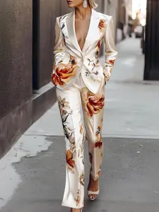 Two-piece Set Women's Floral Print Set, Elegant Long Sleeve Button Blazer & Pants Set, Women's Sleepwear for Spring & Fall
