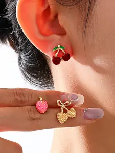 Strawberry Cherry Earrings Set | Cute & Dainty Fruit Jewelry, S925 Sterling Silver for Sensitive Ears | CoquetteCore Gift for Best Friend, Hopecore Vibe