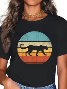 Women's 100% Cotton Casual Short-Sleeve Round Neck Graphic T-Shirt - Retro 60s-70s Sunset Cougar Mammal Animal Print, Everyday Wear