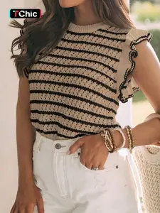 Summer Lightweight Round Neck Women's Ruffled Cap Sleeve Crochet Knitting Striped Sweater Vest Top, Casual Fitted Design, Womenswear
