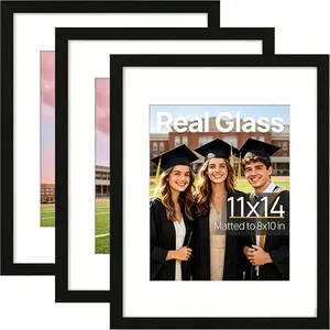 11x14 Picture Frame Set of 3, Made of High Definition Glass for 8x10 with Mat or 11x14 Without Mat, Wall and Tabletop Display Photo Frames, Black