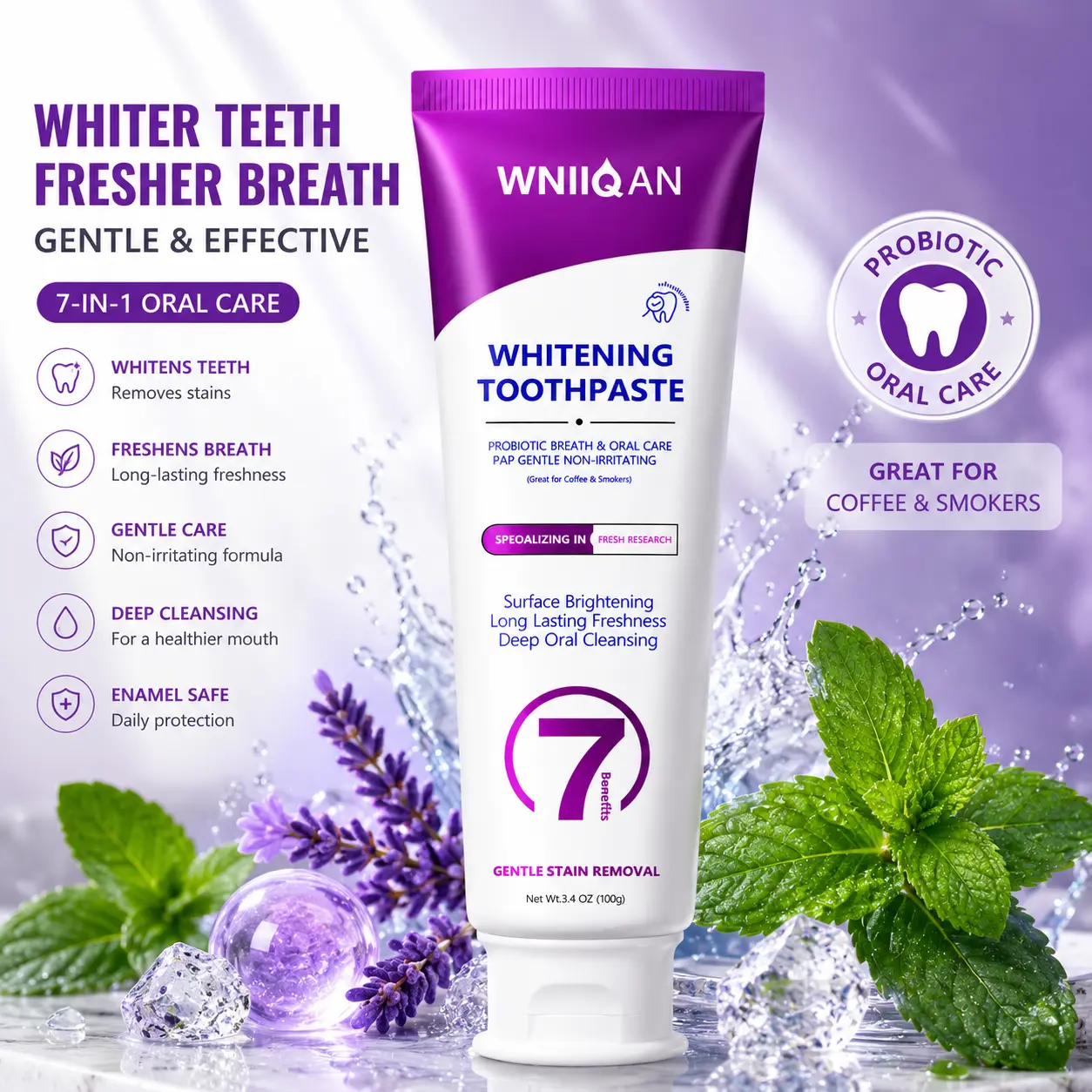WNIIQAN  Niacinamide Foaming Toothpaste, Fresh Breath, Gentle Cleaning, Purple Micro-Bead Formula, 100g tooth