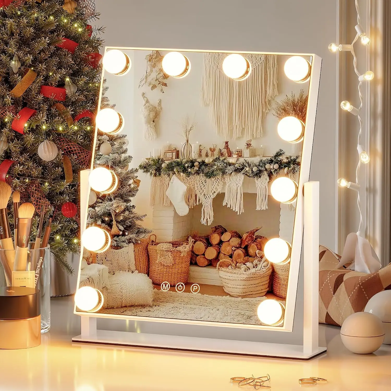 Vanity Mirror with Lights, 12 Bulbs Makeup Mirror with Smart Touch Control, 3-Color Dimmable Lighting, 360° Rotation
