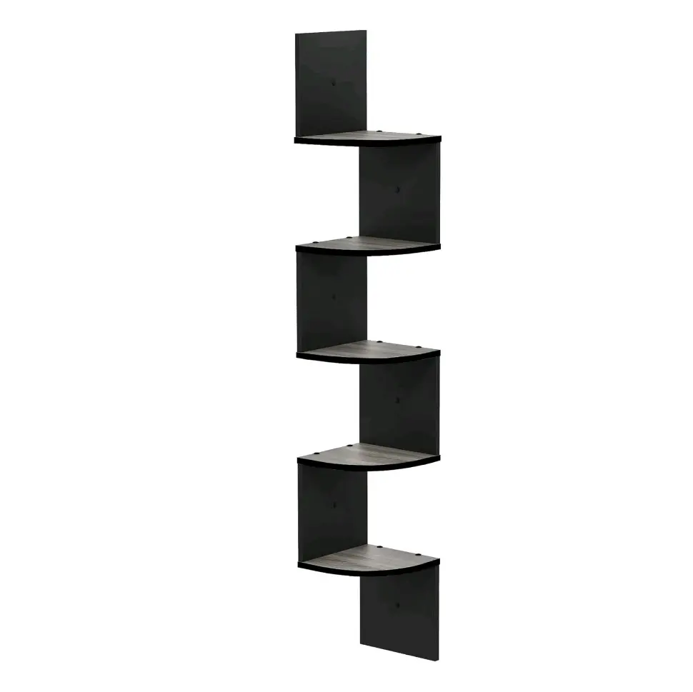 Wall Mount Floating Corner Shelf, 5-Tier, French Oak Grey/Black, Shelf For Wall, Space Saving Design
