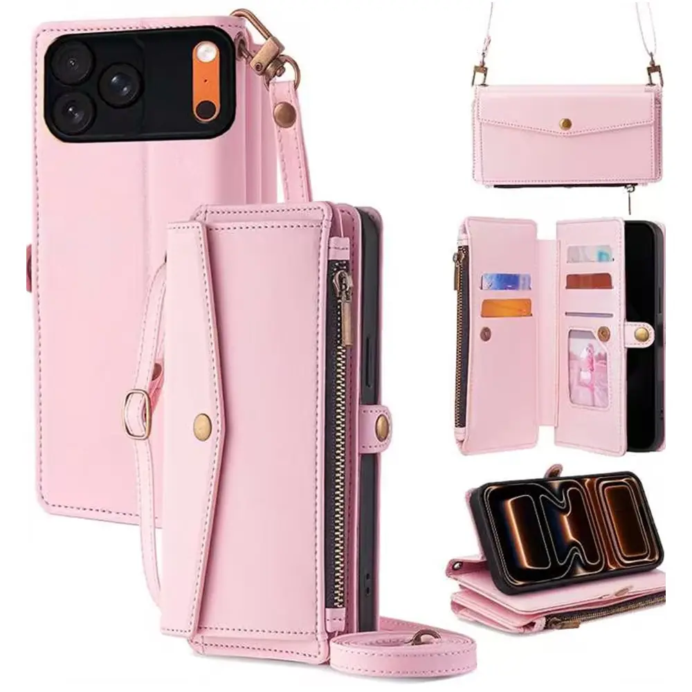 Crossbody iPhone Wallet Case, Bag Case – Zip Wallet+Card Holder, Fits Cards & Cash, Black/White/Pink/Red, Hands-Free Strap for iPhone 12 13 14 15 16 17 Pro Max Plus