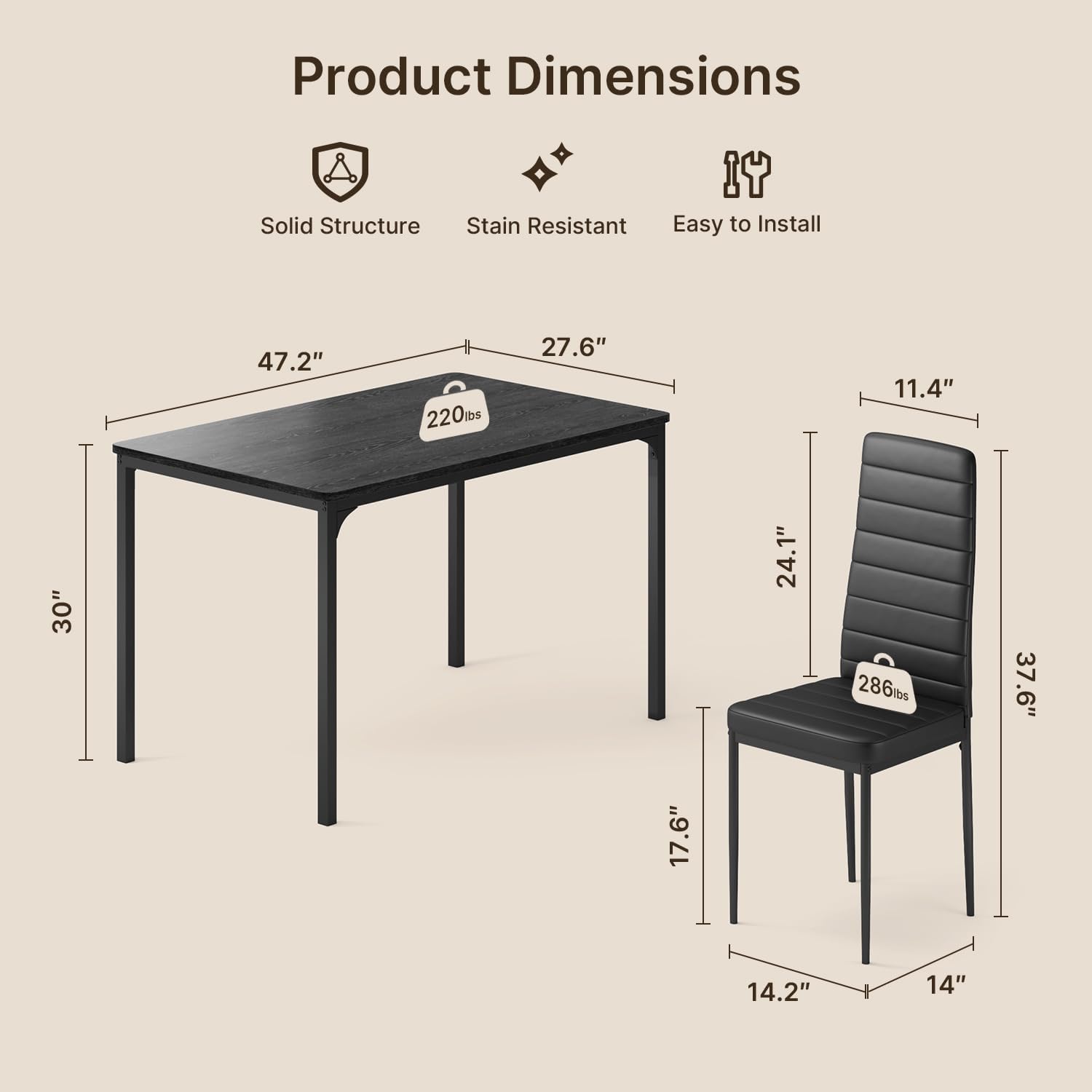 Gizoon Dining Table Set for 4, Kitchen Table Chairs Set of 4, 5 Piece Kitchen Table Set with 4 Upholstered PU Leather Chairs for Dining Room, Living Room, Apartment, Small Space, Black