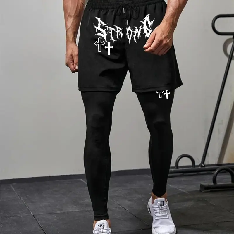 Men's Regular Fit Fashion Cross, Letter & Graphic Print 2 in 1 Drawstring Waist French Fabric Pants, Casual Pocket Design Pants for Fall & Winter, Men's Trousers for Daily Wear Natural