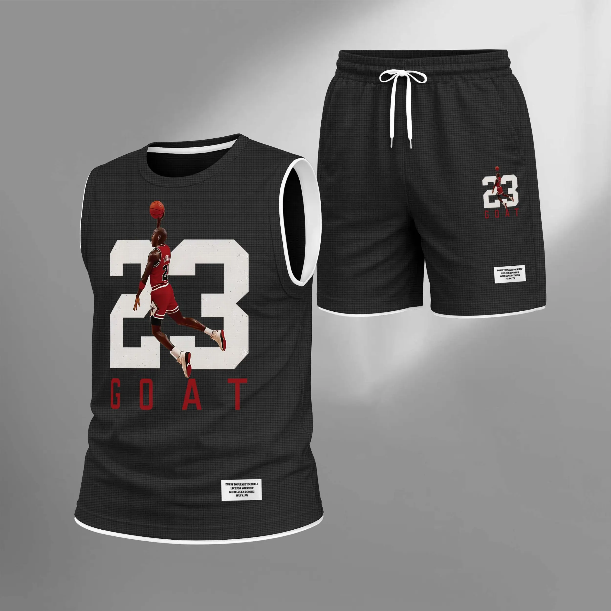 Men's 23-Print Polyester Quick Dry Sleeveless Crew Neck Basketball Jersey Set - Breathable, Lightweight Gym Outfits with Contrast Trim Waistband Athletic Bottoms, Coffee Accent, Phone+Keys Pockets, Cold Wash for Gym, Daily Casual Wear